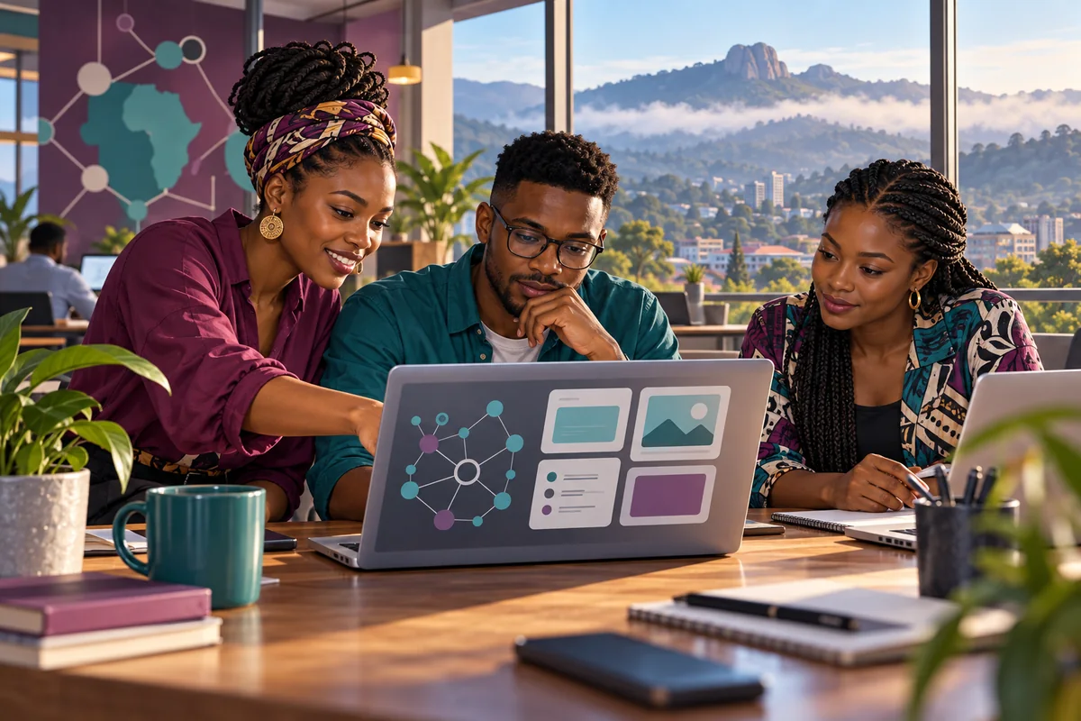 Editorial illustration of entrepreneurs learning digital and AI skills in Mbabane